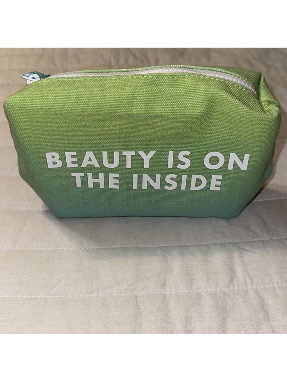 Earth Origins Blue Green White Canvas Beauty Is On The Inside” Cosmetic Zip Bag